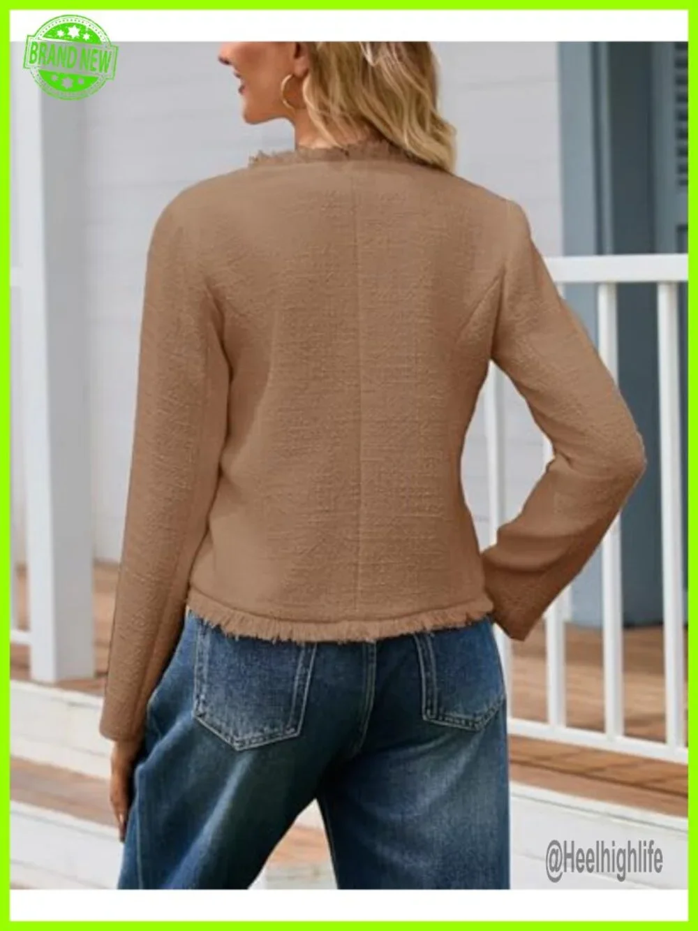 Cropped Tweed Blazer Jacket for Women - Collarless Long Sleeve Button Down Work